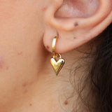 Solid 18k Gold Heart Hoop Earrings – Statement Dangling Love Charm - Everyday Handmade Fine Jewelry