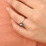 Unique Natural Tahitian Black Pearl Diamond Engagement Ring
