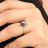 Unique Natural Tahitian Black Pearl Diamond Engagement Ring