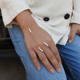 Unique Natural Pearl Gold Hand Chain – Two Rings Solid 18k Gold Statement Bracelet - June Birthstone Wedding Jewelry