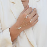 Unique Natural Pearl Gold Hand Chain – Two Rings Solid 18k Gold Statement Bracelet - June Birthstone Wedding Jewelry