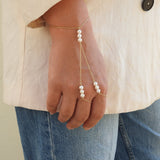 Unique Natural Pearl Gold Hand Chain – Two Rings Solid 18k Gold Statement Bracelet - June Birthstone Wedding Jewelry