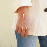 Unique Natural Pearl Gold Hand Chain – Two Rings Solid 18k Gold Statement Bracelet - June Birthstone Wedding Jewelry