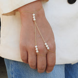 Unique Natural Pearl Gold Hand Chain – Two Rings Solid 18k Gold Statement Bracelet - June Birthstone Wedding Jewelry