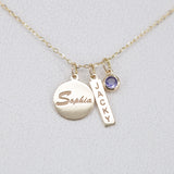 Personalized Family Name Necklace – Solid 18k Gold Engraved Charms with Birthstone – Custom Gift for Mom, Grandma, or New Baby