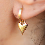 Solid 18k Gold Heart Hoop Earrings – Statement Dangling Love Charm - Everyday Handmade Fine Jewelry