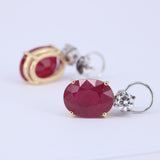 Natural Ruby Diamond Drop Earrings - Large Oval Mozambique Ruby - Solid 18k Gold Statement Earrings