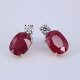 Natural Ruby Diamond Drop Earrings - Large Oval Mozambique Ruby - Solid 18k Gold Statement Earrings