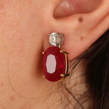 Natural Ruby Diamond Drop Earrings - Large Oval Mozambique Ruby - Solid 18k Gold Statement Earrings