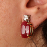 Natural Ruby Diamond Drop Earrings - Large Oval Mozambique Ruby - Solid 18k Gold Statement Earrings