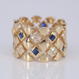 Wide Blue Sapphire Diamond Ring - Geometric Art Deco Statement Band - Natural Sapphire & Diamond 18K Gold Ring