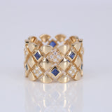 Wide Blue Sapphire Diamond Ring - Geometric Art Deco Statement Band - Natural Sapphire & Diamond 18K Gold Ring