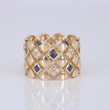 Wide Blue Sapphire Diamond Ring - Geometric Art Deco Statement Band - Natural Sapphire & Diamond 18K Gold Ring