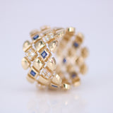 Wide Blue Sapphire Diamond Ring - Geometric Art Deco Statement Band - Natural Sapphire & Diamond 18K Gold Ring