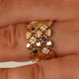Wide Blue Sapphire Diamond Ring - Geometric Art Deco Statement Band - Natural Sapphire & Diamond 18K Gold Ring