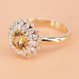 Champagne Yellow Sapphire Halo Ring – 18K Gold Marquise Diamond Sunburst Ring – Dandelion Statement Cocktail Jewelry