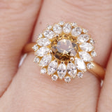 Champagne Yellow Sapphire Halo Ring – 18K Gold Marquise Diamond Sunburst Ring – Dandelion Statement Cocktail Jewelry