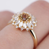 Champagne Yellow Sapphire Halo Ring – 18K Gold Marquise Diamond Sunburst Ring – Dandelion Statement Cocktail Jewelry