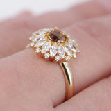 Champagne Yellow Sapphire Halo Ring – 18K Gold Marquise Diamond Sunburst Ring – Dandelion Statement Cocktail Jewelry