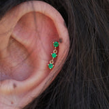 Triple Emerald Drop Stud Earring – Solid 18k Gold Chain Link Cartilage Earring – Dainty May Birthstone Jewelry