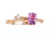 Oval Pink Sapphire Engagement Ring with a Matching Halo Diamond Wedding Band