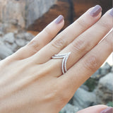 Double V-Shaped Diamond Wedding Band - Wishbone Chevron Ring