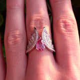 Genuine Large Pink Old-Cut Sapphire and Diamond Engagement Rings Set