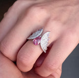 Genuine Large Pink Old-Cut Sapphire and Diamond Engagement Rings Set