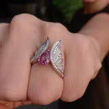 Genuine Large Pink Old-Cut Sapphire and Diamond Engagement Rings Set