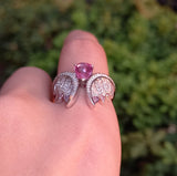 Genuine Large Pink Old-Cut Sapphire and Diamond Engagement Rings Set