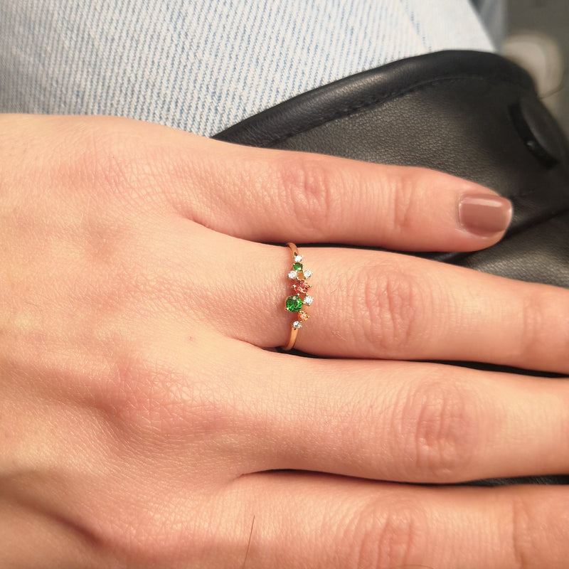 Customizable Family Gemstone Cluster Ring -Natural Diamond, Sapphire and Tsavorite Ring - January, April, and September Birthstone Ring