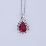 Natural Pear Ruby & Diamond Necklace – Teardrop Ruby Pendant in 18k White Gold – July Birthstone Fine Jewelry