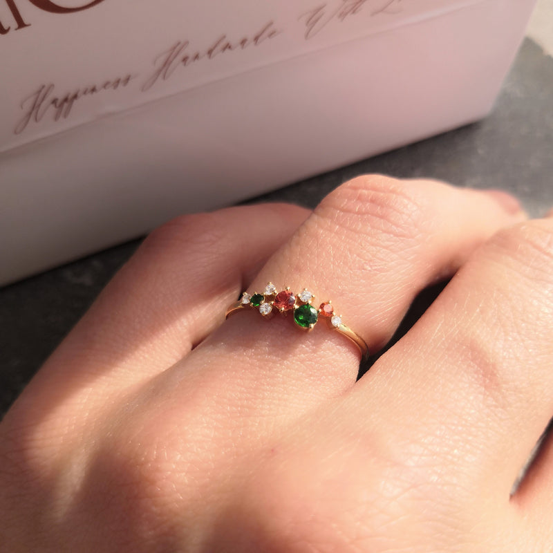 Customizable Family Gemstone Cluster Ring -Natural Diamond, Sapphire and Tsavorite Ring - January, April, and September Birthstone Ring