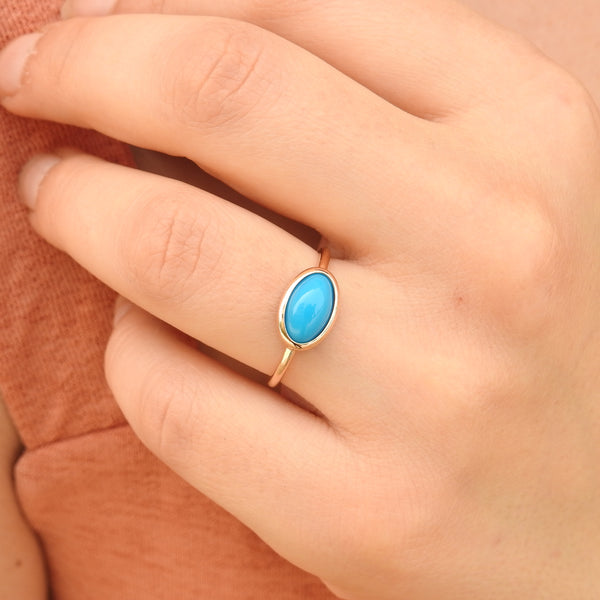 East-West Natural Oval Sleeping Beauty Bezel Turquoise Ring
