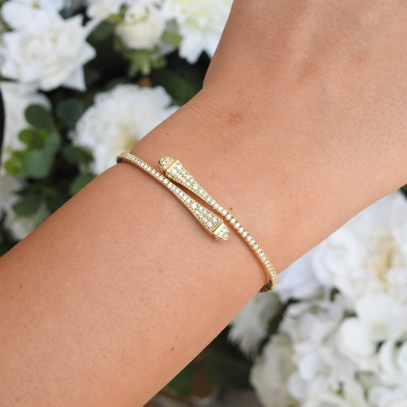 Natural Diamond Snake-Inspired Bangle Bracelet – Thin 18k Gold Stacking Bangle