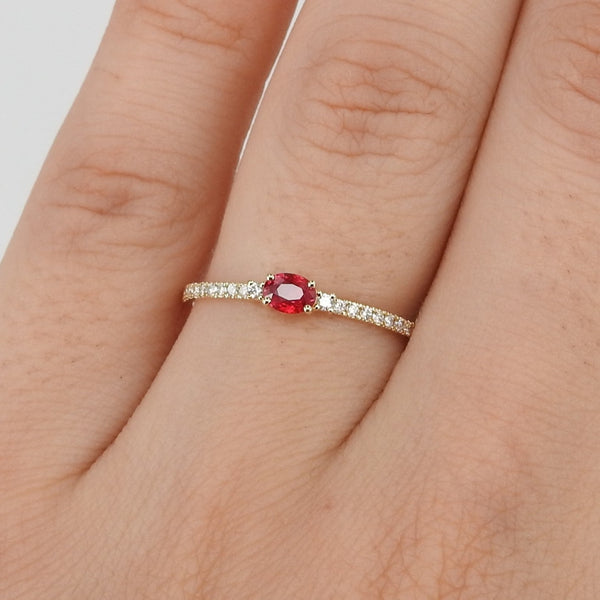 Dainty Oval Natural Ruby and Diamond Engagement Ring – Small Genuine July & April Dual Birthstone Ring – Simple Gold Ruby Stacking Ring