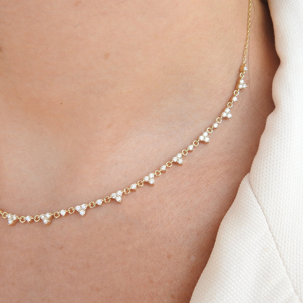 Trio Diamond Necklace - Nature Inspired Cluster Choker - Solid 18k Gold Layered Necklace