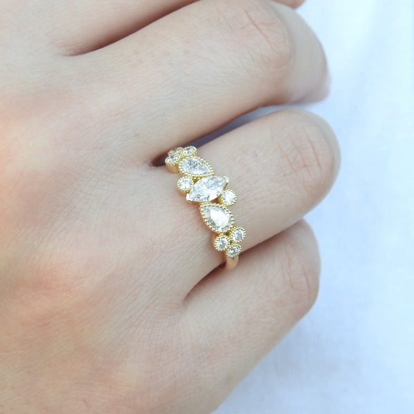 Unique Star Diamond Engagement Ring – Large Marquise Pear Bezel Wedding Band – Nature-Inspired Celestial Milgrain Gold Ring