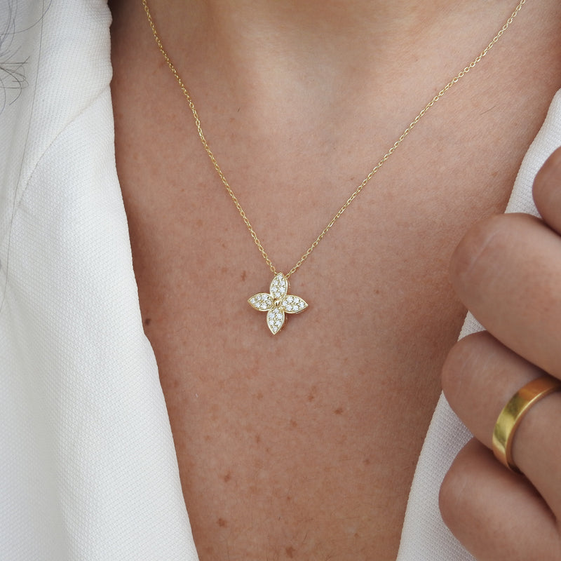 Nature Inspired Diamond Flower Necklace - Natural Diamond Leaves Pendant