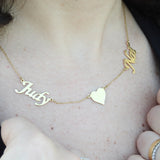 Personalized Double Name Necklace – Custom Solid 18K Gold Name Jewelry – Heart Charm Layered Necklace