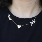 Personalized Double Name Necklace – Custom Solid 18K Gold Name Jewelry – Heart Charm Layered Necklace