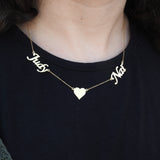 Personalized Double Name Necklace – Custom Solid 18K Gold Name Jewelry – Heart Charm Layered Necklace