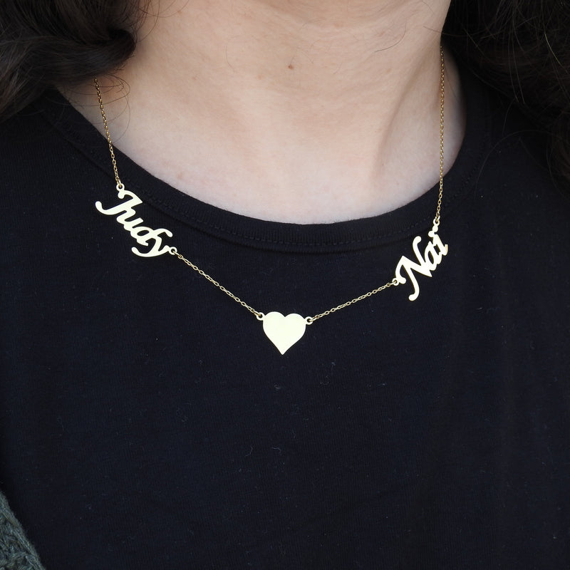 Personalized Double Name Necklace – Custom Solid 18K Gold Name Jewelry – Heart Charm Layered Necklace