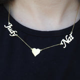 Personalized Double Name Necklace – Custom Solid 18K Gold Name Jewelry – Heart Charm Layered Necklace