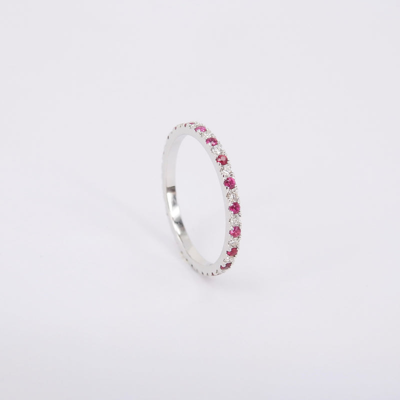 Natural Ruby and Diamond Full Eternity Ring – Small Genuine July & April Dual Birthstone Ring – Simple Gold Ruby Stacking Ring
