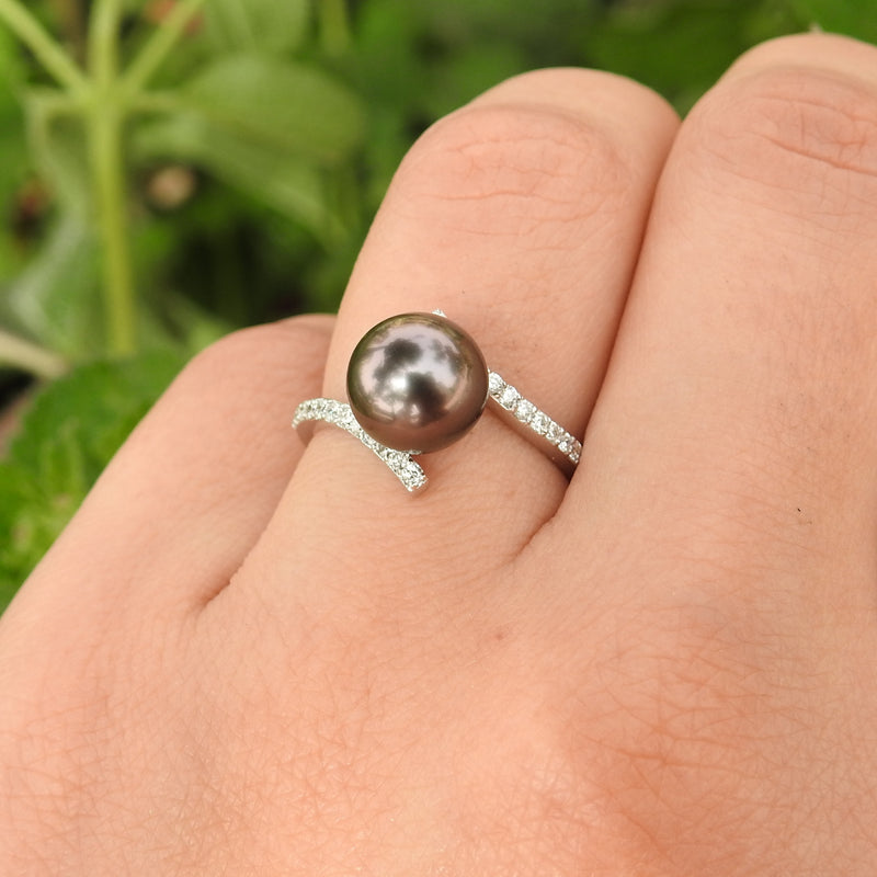 Black Pearl Diamond Engagement Ring – Unique Natural Tahitian Pearl Ring – Vintage Style Solid Gold Pearl Ring – June Birthstone Chunky Ring