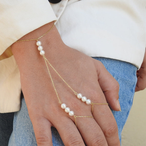 Unique Natural Pearl Gold Hand Chain – Two Rings Solid 18k Gold Statement Bracelet - June Birthstone Wedding Jewelry