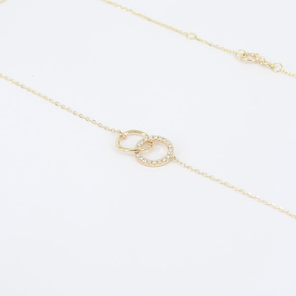 Double Diamond & Gold Necklace, Minimalist Circle Necklace