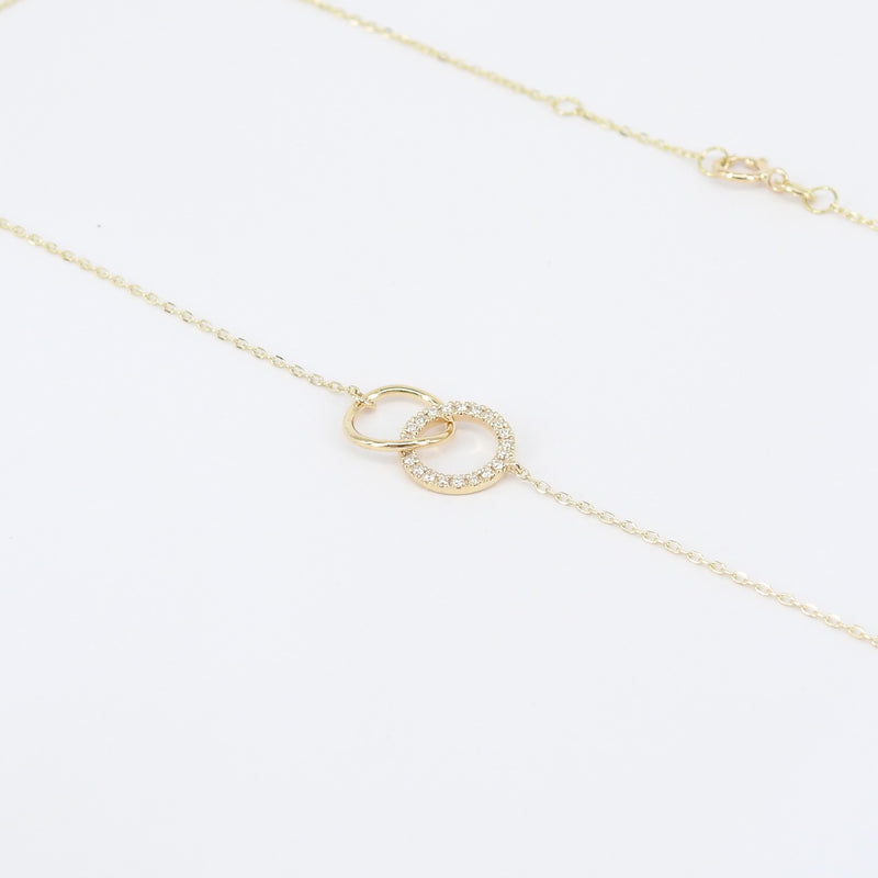 Double Diamond & Gold Necklace, Minimalist Circle Necklace