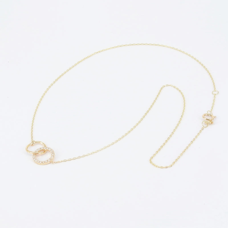 Double Diamond & Gold Necklace, Minimalist Circle Necklace